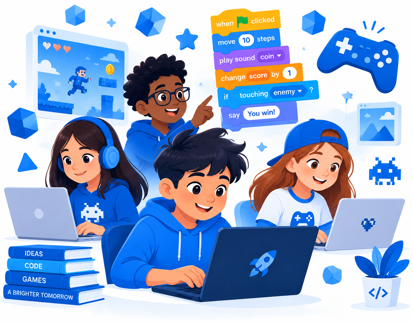 Ilustração de quatro crianças criando um jogo em seus computadores, cercadas por blocos de programação visual, um controle de videogame e livros com as palavras Ideias, Código, Jogos e Um futuro melhor